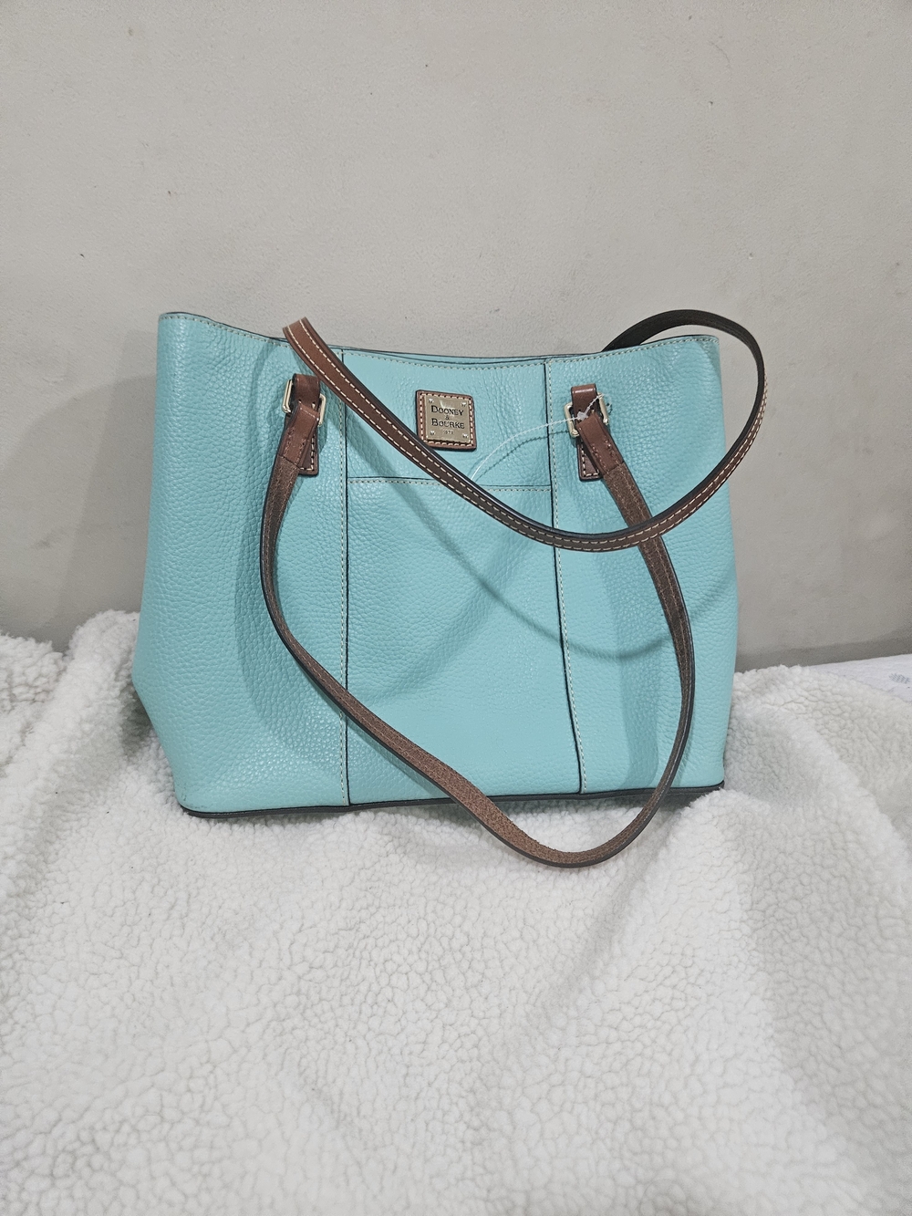 Dooney & Bourke Teal Pebbled Leather Tote with Brown Straps
